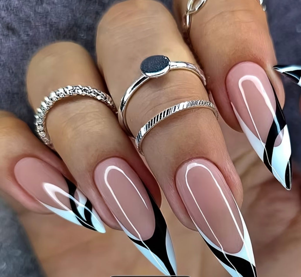 Nude Base Black White Irregular Contrast French Pointed Almond Press