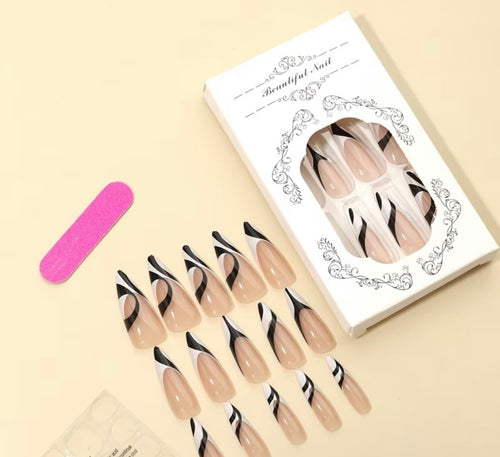 Nude Base Black White Irregular Contrast French Pointed Almond Press