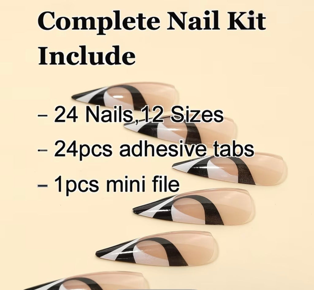 Nude Base Black White Irregular Contrast French Pointed Almond Press